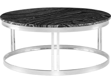 Nuevo Nicola 36" Round Marble Polished Black Wood Vein Silver Coffee Table NUEHGNA417