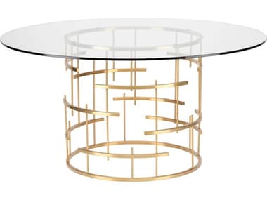 Nuevo Tiffany 59" Round Brushed Gold Glass Dining Table NUEHGSX216