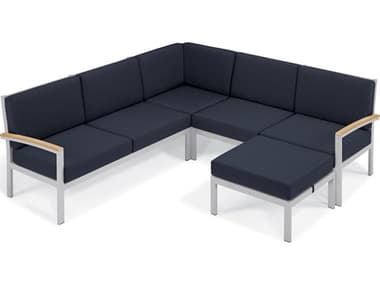 Oxford Garden Travira Aluminum Flint 4 Piece Sectional Lounge Set with Midnight Blue Cushions OXF5257