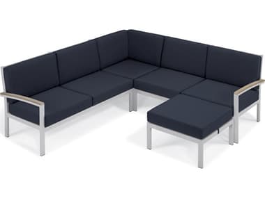 Oxford Garden Travira Aluminum Flint 4 Piece Sectional Lounge Set with Midnight Blue Cushions OXF5258