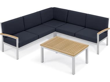 Oxford Garden Travira Aluminum Flint 6 Piece Sectional Lounge Set with Midnight Blue Cushions OXF5263