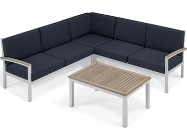 Oxford Garden Travira Aluminum Flint 4 Piece Sectional Lounge Set with Midnight Blue Cushions OXF5264