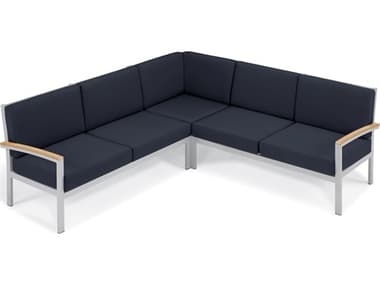 Oxford Garden Travira Aluminum Flint 3 Piece Sectional Lounge Set with Midnight Blue Cushions OXF5265