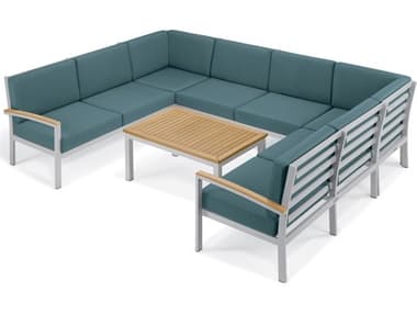 Oxford Garden Travira Aluminum Flint 7 Piece Sectional Lounge Set with Ice Blue Cushions OXF5271
