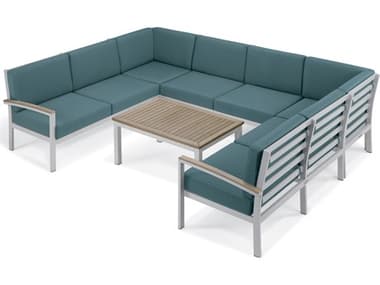 Oxford Garden Travira Aluminum Flint 7 Piece Sectional Lounge Set with Ice Blue Cushions OXF5272