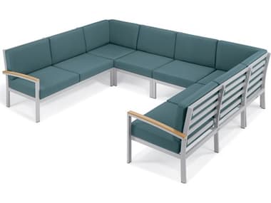 Oxford Garden Travira Aluminum Flint 6 Piece Sectional Lounge Set with Ice Blue Cushions OXF5273