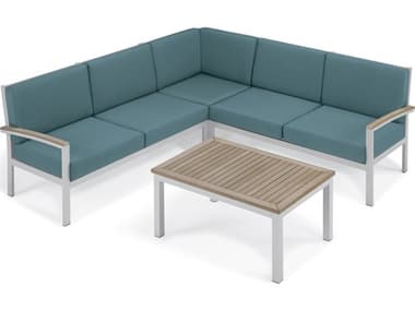 Oxford Garden Travira Aluminum Flint 4 Piece Sectional Lounge Set with Ice Blue Cushions OXF5276