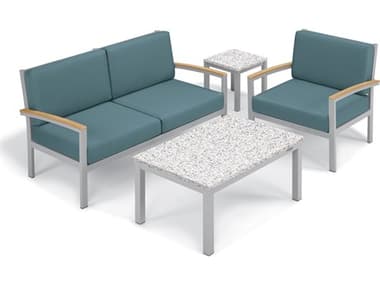 Oxford Garden Travira Aluminum Flint 4 Piece Lounge Set with Ice Blue Cushions OXF5443