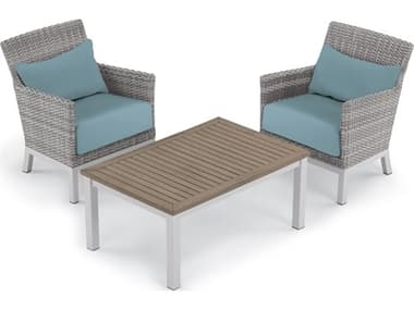 Oxford Garden Argento Wicker 3 Piece Lounge Set with Ice Blue Lumbar Pillows & Cushions OXF5549