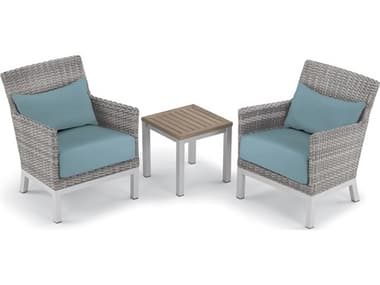 Oxford Garden Argento Wicker 3 Piece Lounge Set with Ice Blue Lumbar Pillows & Cushions OXF5589