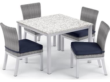 Oxford Garden Travira 5-Piece 39'' Dining Table & Argento Side Chair Set - Powder Coated Aluminum - Lite-Core Ash - Resin Wicker Argento - Midnight Blue Cushions OXF5636