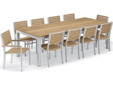 Oxford Garden Travira 11-Piece 103''x42'' Table and Slat Chair Dining Set - Powder Coated Aluminum Frame - Tekwood Natural OXF5894