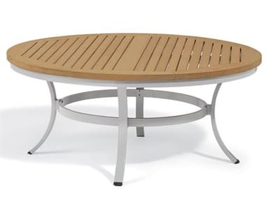 Oxford Garden Travira Aluminum Flint 48'' Wide Round Chat Table with Umbrella Hole OXFTV48CA