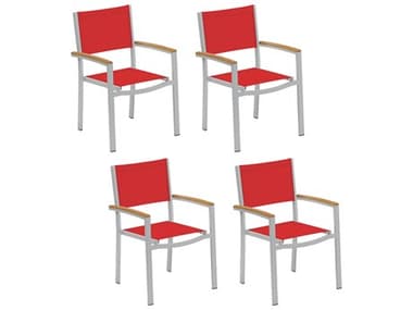 Oxford Garden Travira Aluminum Flint Stackable Dining Arm Chair with Red Sling (Price Includes 4) Garden Travira Armchair - Red Sling - Tekwood Natural Arm Caps - 4 pack OXFTVCHST105N4
