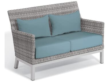 Oxford Garden Argento Wicker Loveseat with Ice Blue Lumbar Pillows &amp; Cushions OXFTVWLSRLPIB