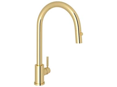 Perrin and Rowe Holborn Unlacquered Brass Pull-Down Kitchen Faucet with C-Spout PARU4044ULB2