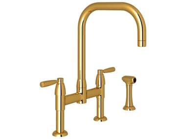 Perrin and Rowe Holborn Unlacquered Brass Bridge Kitchen Faucet with U-Spout and Side Spray PARU4279LSULB2