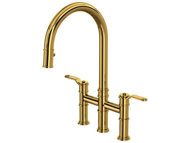 Perrin and Rowe Armstrong Unlacquered Brass Pull-Down Bridge Kitchen Faucet with C-Spout PARU4549HTULB2