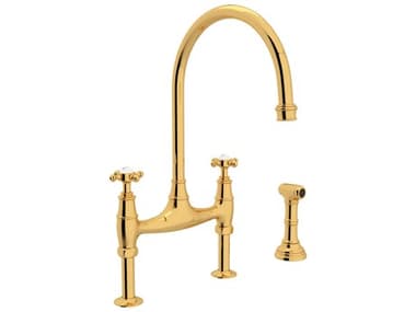 Perrin and Rowe Georgian Era Unlacquered Brass Bridge Kitchen Faucet with Side Spray PARU4718XULB2