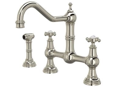 Perrin and Rowe Edwardian Polished Nickel Bridge Kitchen Faucet with Sidespray with Cross Handles PARU4755XPN2