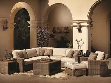 Sunset West Coronado Wicker Driftwood Sectional Lounge Set in Canvas Flax with Self Welt SWCORONLNGESET6