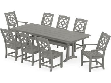 POLYWOOD® Martha Stewart Chinoiserie 9-Piece Farmhouse Patio Dining Set with Trestle Legs PWPWS15621