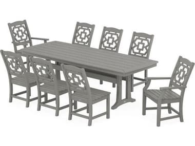 POLYWOOD® Martha Stewart Chinoiserie 9-Piece Outdoor Patio Dining Set with Trestle Legs PWPWS15651