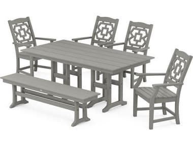 POLYWOOD® Martha Stewart Chinoiserie 6-Piece Farmhouse Patio Dining Set with Bench PWPWS15691