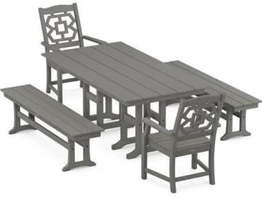 POLYWOOD® Martha Stewart Chinoiserie 5-Piece Farmhouse Outdoor Dining Set with Benches PWPWS15721