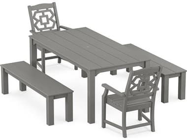 POLYWOOD® Martha Stewart Exclusive Chinoiserie 5-Piece Parsons Outdoor Dining Set with Benches PWPWS24071