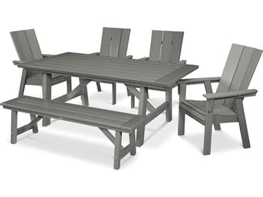 POLYWOOD® Modern Recycled Plastic 6 Piece Rustic Farmhouse Dining Set with Bench PWPWS4501