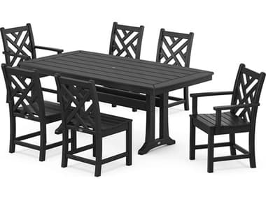 POLYWOOD® Chippendale Recycled Plastic 7 Piece Nautical Trestle Outdoor Patio Dining Set PWPWS6361