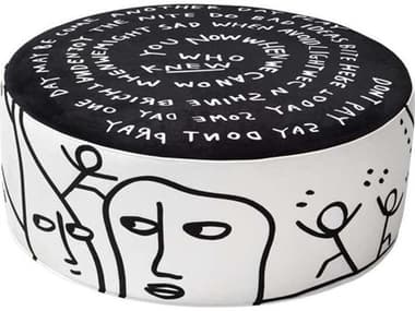 Qeeboo Linescapes White Black Eclipse Etching Upholstered Pouf QB46201EE