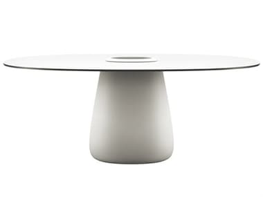 Qeeboo Outdoor Cobble Warm White Black Stratified Recycled Plastic Oval Dining Table QBO63010WHBL