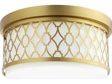 Quorum 3-Light Aged Brass Glass Drum Flush Mount QM3441480