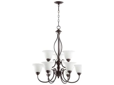 Quorum Spencer 29" Wide 9-Light Oiled Bronze With Satin Opal Glass Bell Tiered Chandelier QM60109186