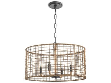 Quorum Abaca 4-Light Matte Black Brown Drum Pendant QM8023459