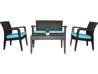 Rainbow Outdoor Alaska Resin Wicker Anthracite 4 Piece Lounge Set with Cushions Teal RBORBOALASKAANT4PCCUSHTEA
