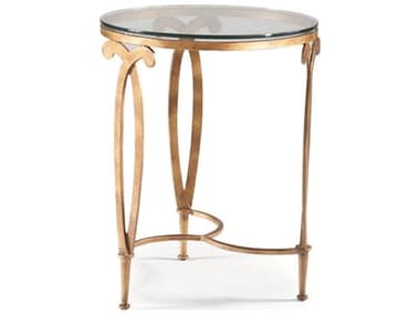 Sherrill Occasional Fleur-de-lis 20" Round Glass Antique Muted Gold Accent Table SHOM6835
