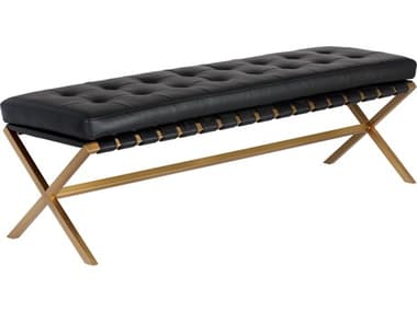 Sunpan Ikon 59" Bravo Black Brushed Gold Faux Leather Upholstered Accent Bench SPN105363