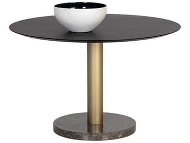 Sunpan Monaco 48" Round Wood Gold Grey Marble Charcoal Dining Table SPN105882