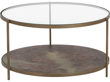 Sunpan Concord 33" Round Glass Clear Antique Brass Coffee Table SPN107035
