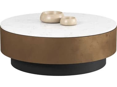 Sunpan Zelda Round Marble White Black Antique Brass Coffee Table SPN107087