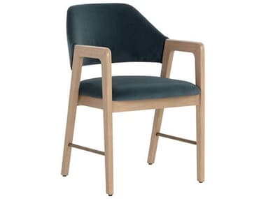 Sunpan Milton Rubberwood Green Fabric Upholstered Arm Dining Chair SPN109809