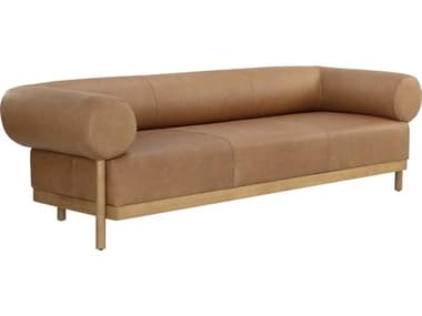 Sunpan Bromley 100" Rustic Oak Ludlow Sesame Leather Brown Upholstered Sofa SPN111589