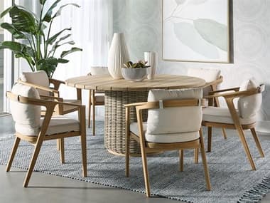 Sunpan Outdoor Coraline Teak Wood Natural Dining Set in Palazzo Cream SPOOBSCORALINEDINSET1