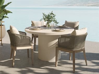 Sunpan Outdoor Capri Teak Wood Light Wood Dining Set in Palazzo Cream SPOOBSCAPRIDINSET