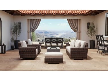 Sunset West Montecito Wicker Cognac Fire Pit Lounge Set in Canvas Flax with Self Welt SWMNTCITOQCKFRPTLNGSET