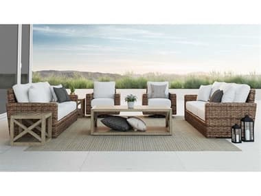 Sunset West Montecito Wicker Cognac Lounge Set in Canvas Flax with Self Welt SWMNTCITOQCKLNGSET6