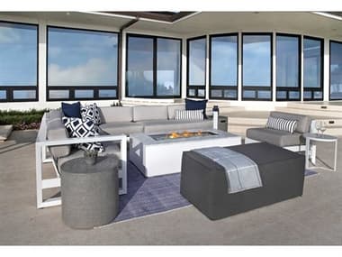 Sunset West Newport Aluminum Frosted White Sectional Fire Pit Lounge Set in Cast Silver SWNWPRTQCKSECFRPTLNGSET